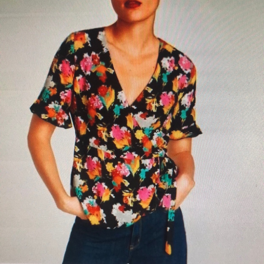 Zara Floral Short Ruffle Sleeve Wrap Top Sz M